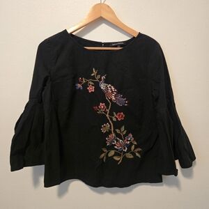 Black Bell Sleeve Blouse with Colorful Embroidery